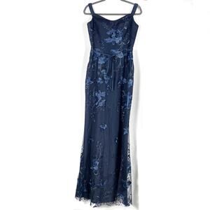 Marchesa Bridesmaid Navy Blue‎ Gown Floral Embroidered Column Dress Sz 6